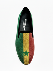 Carica immagine nella Galleria, MACETE Facão (800PJ) - Mocassino da Uomo in Camoscio Nero Livrea Bandiera Angolana con Miniborchie Rosse Nere e Oro
