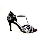 Load image into Gallery viewer, CAMILA Superb (accollata) L13 - Scarpa da Ballo in Raso Seta Nero con Swarovski Boreali e Tacco Basso a Spillo Largo
