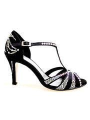 Load image into Gallery viewer, CAMILA Superb (accollata) L13 - Scarpa da Ballo in Raso Seta Nero con Swarovski Boreali e Tacco Basso a Spillo Largo

