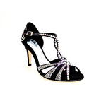 Load image into Gallery viewer, CAMILA Superb (accollata) L13 - Scarpa da Ballo in Raso Seta Nero con Swarovski Boreali e Tacco Basso a Spillo Largo
