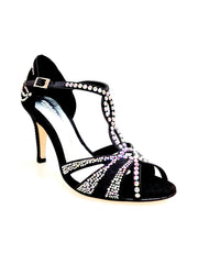 Load image into Gallery viewer, CAMILA Superb (accollata) L13 - Scarpa da Ballo in Raso Seta Nero con Swarovski Boreali e Tacco Basso a Spillo Largo
