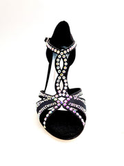 Load image into Gallery viewer, CAMILA Superb (accollata) L13 - Scarpa da Ballo in Raso Seta Nero con Swarovski Boreali e Tacco Basso a Spillo Largo
