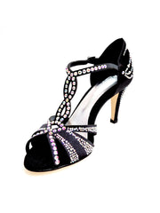 Load image into Gallery viewer, CAMILA Superb (accollata) L13 - Scarpa da Ballo in Raso Seta Nero con Swarovski Boreali e Tacco Basso a Spillo Largo
