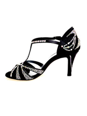 Load image into Gallery viewer, CAMILA Superb (accollata) L13 - Scarpa da Ballo in Raso Seta Nero con Swarovski Boreali e Tacco Basso a Spillo Largo
