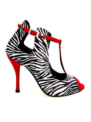 Carica immagine nella Galleria, Jenny (18/06) - Scarpa in Raso Seta Disegno Zebra con dettagli Listello, cinturini e sottopiede in Camoscio Rosso con Tacco a Spillo effetto Gommato Rosso