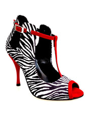 Carica immagine nella Galleria, Jenny (18/06) - Scarpa in Raso Seta Disegno Zebra con dettagli Listello, cinturini e sottopiede in Camoscio Rosso con Tacco a Spillo effetto Gommato Rosso