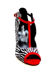 Carica immagine nella Galleria, Jenny (18/06) - Scarpa in Raso Seta Disegno Zebra con dettagli Listello, cinturini e sottopiede in Camoscio Rosso con Tacco a Spillo effetto Gommato Rosso