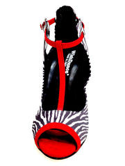 Carica immagine nella Galleria, Jenny (18/06) - Scarpa in Raso Seta Disegno Zebra con dettagli Listello, cinturini e sottopiede in Camoscio Rosso con Tacco a Spillo effetto Gommato Rosso