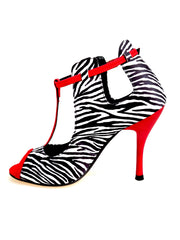 Carica immagine nella Galleria, Jenny (18/06) - Scarpa in Raso Seta Disegno Zebra con dettagli Listello, cinturini e sottopiede in Camoscio Rosso con Tacco a Spillo effetto Gommato Rosso