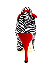 Carica immagine nella Galleria, Jenny (18/06) - Scarpa in Raso Seta Disegno Zebra con dettagli Listello, cinturini e sottopiede in Camoscio Rosso con Tacco a Spillo effetto Gommato Rosso