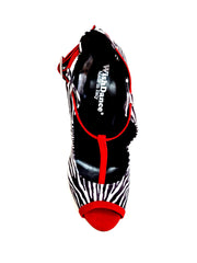 Carica immagine nella Galleria, Jenny (18/06) - Scarpa in Raso Seta Disegno Zebra con dettagli Listello, cinturini e sottopiede in Camoscio Rosso con Tacco a Spillo effetto Gommato Rosso