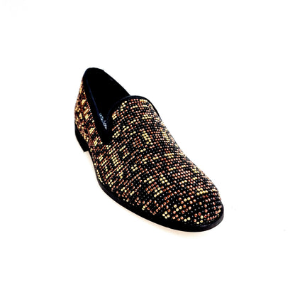 Mocassino uomo Curtis Leopard Brown Wish Dance Shop in camoscio nero con Swarovski neri, borchiette marrone oro e stampa leopardo