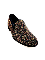 Carica immagine nella Galleria, Leopard Brown (800PJ) - Mocassino da Uomo in Camoscio nero con Swarovski neri borchiette marrone e Oro Maculata Livrea Leopardo
