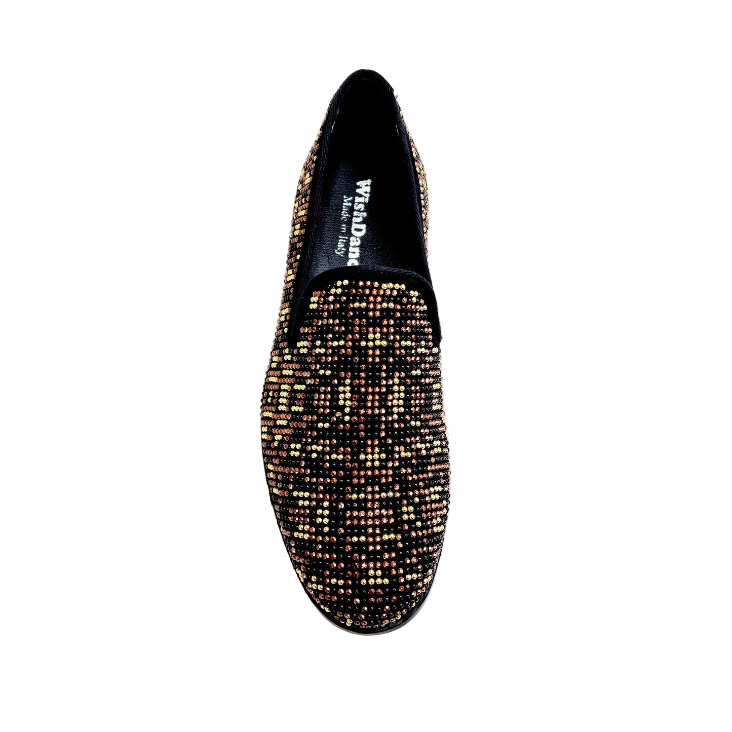 Mocassino uomo Curtis Leopard Brown in camoscio nero con dettagli Swarovski neri, borchiette marroni e oro, stampa leopardata.
