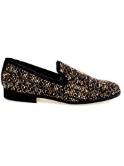 Carica immagine nella Galleria, Leopard Brown (800PJ) - Mocassino da Uomo in Camoscio nero con Swarovski neri borchiette marrone e Oro Maculata Livrea Leopardo
