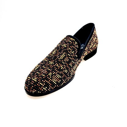 Mocassino da uomo Curtis Leopard Brown in camoscio nero con Swarovski neri, borchiette marrone e oro, stampa leopardo.