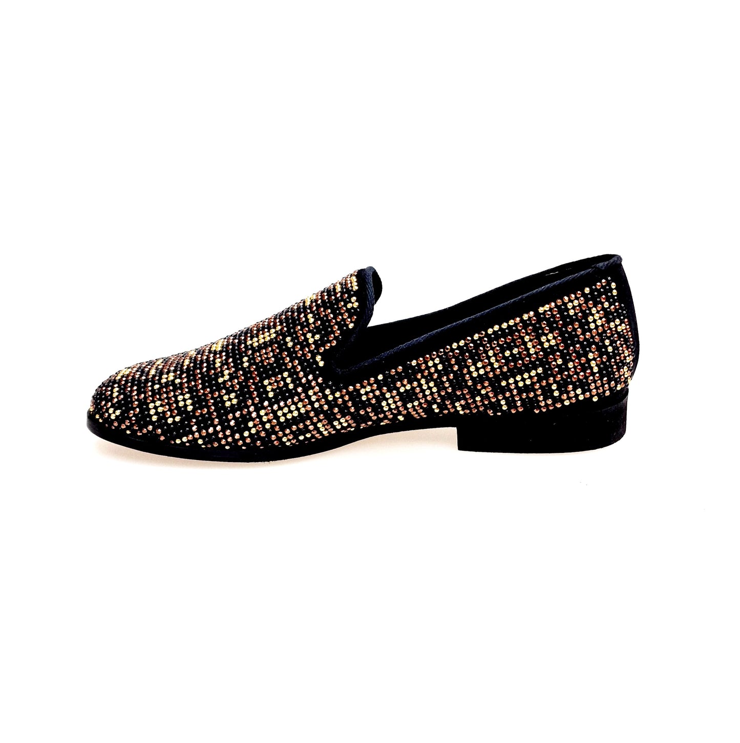 Mocassino uomo Curtis Leopard Brown in camoscio con Swarovski neri, borchiette marroni e oro, pattern maculato leopardo.