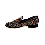 Load image into Gallery viewer, Leopard Brown (800PJ) - Mocassino da Uomo in Camoscio nero con Swarovski neri borchiette marrone e Oro Maculata Livrea Leopardo
