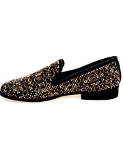 Carica immagine nella Galleria, Leopard Brown (800PJ) - Mocassino da Uomo in Camoscio nero con Swarovski neri borchiette marrone e Oro Maculata Livrea Leopardo
