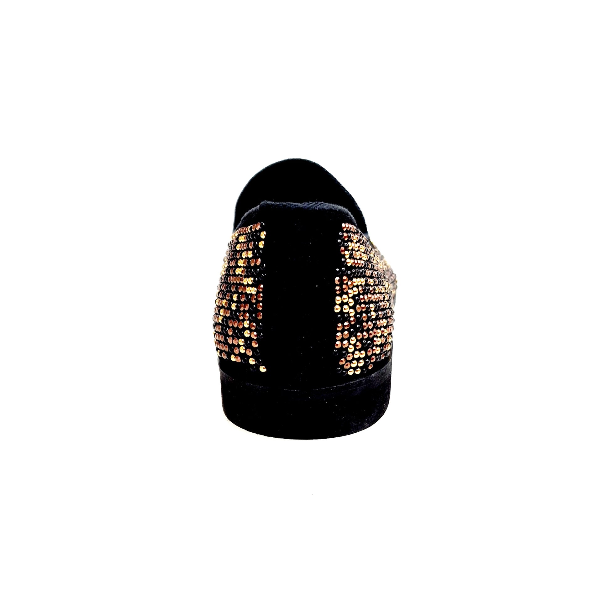 Mocassino uomo Curtis Leopard Brown in camoscio nero con Swarovski neri, borchiette marrone e oro, stampa leopardata elegante