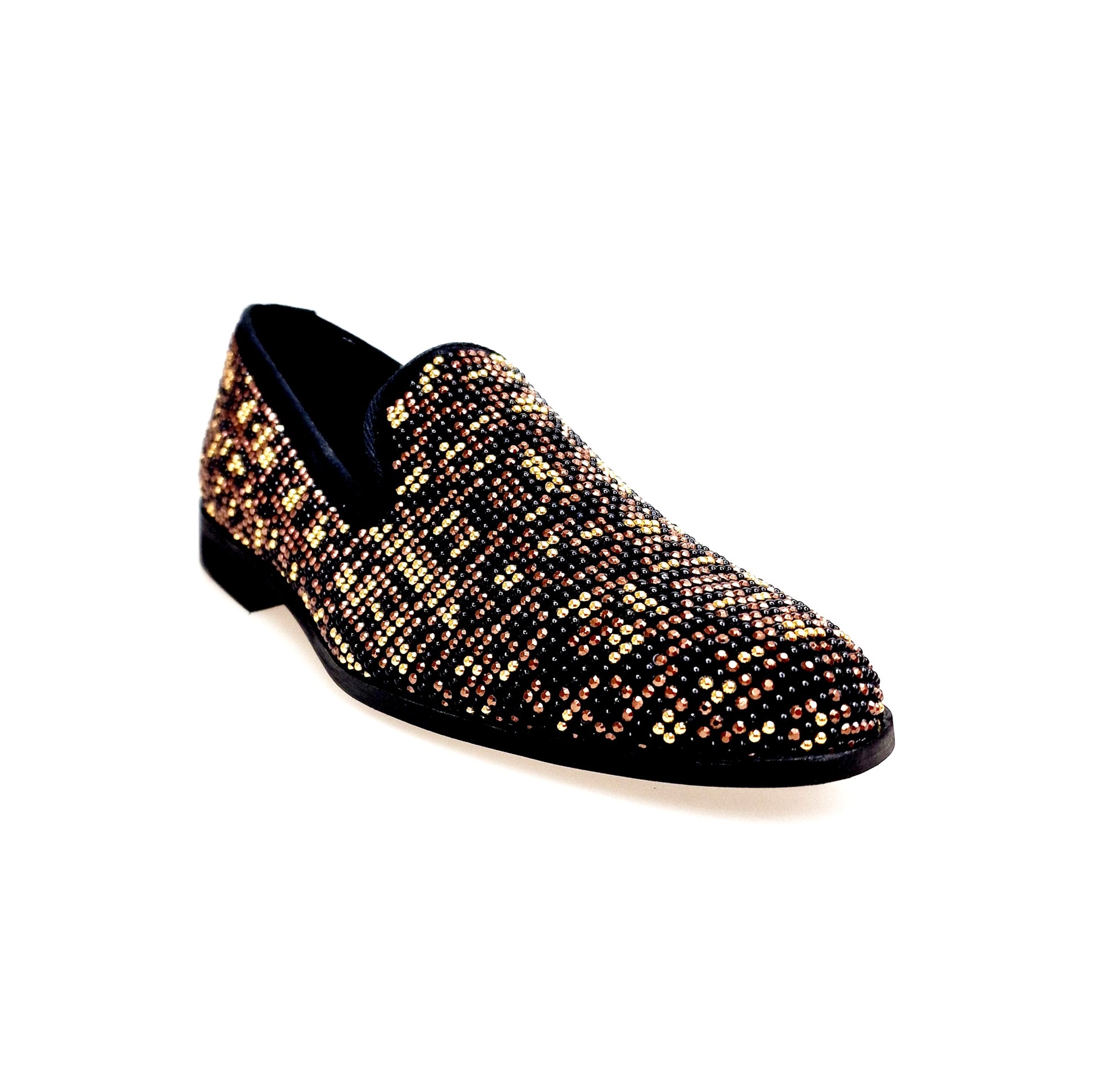 Mocassino uomo Curtis Leopard Brown in camoscio con Swarovski neri, borchiette marrone e oro, stampa leopardata, Wish Dance Shop