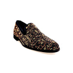 Load image into Gallery viewer, Leopard Brown (800PJ) - Mocassino da Uomo in Camoscio nero con Swarovski neri borchiette marrone e Oro Maculata Livrea Leopardo
