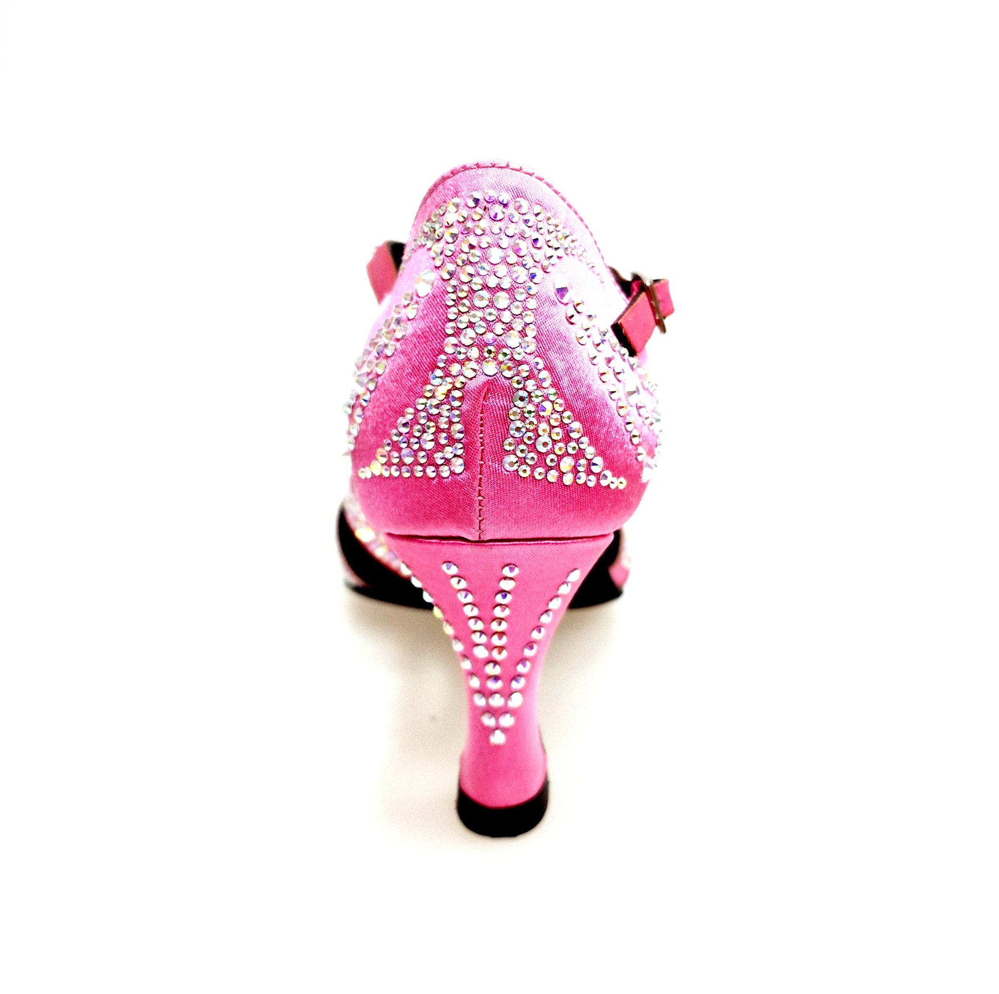 Scarpa da ballo in raso seta rosa fuxia ALESSIA Superb (L1) con Swarovski Boreali e tacco a rocchetto, vista frontale.