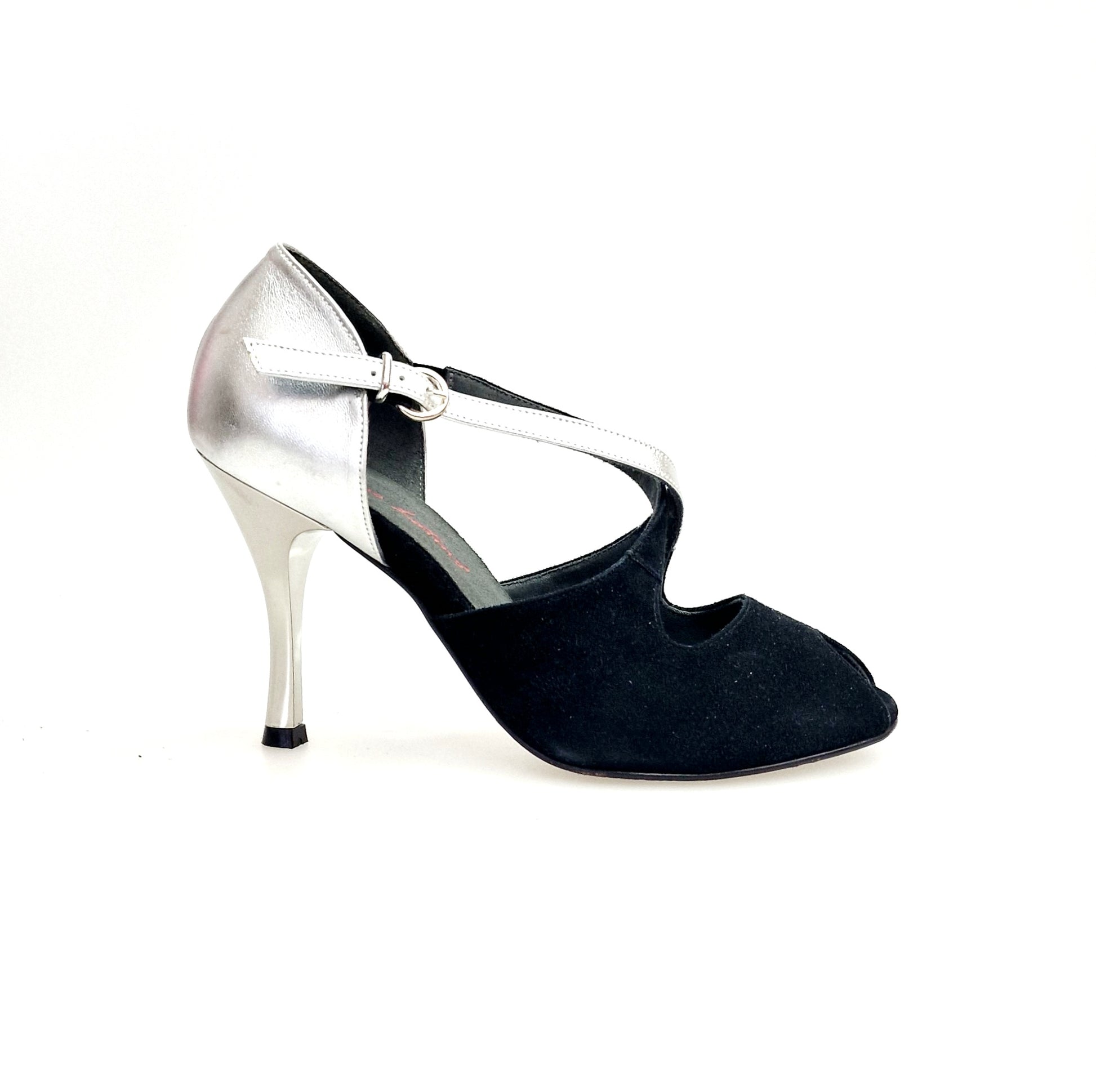 Scarpe DANY Black F.3407 Wish Dance con tacco a rocchetto, camoscio nero e dettagli in pelle argento laminato.