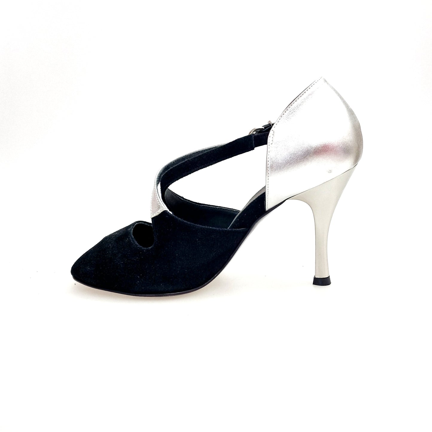 Scarpe DANY Black F.3407 di Wish Dance, camoscio nero, tacco a rocchetto, dettaglio pelle argento e laminato.