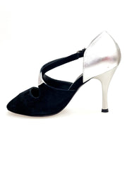 Load image into Gallery viewer, DANY Black F.3407 (R.L. by WISH DANCE ) - Camoscio Nero Tallone Pelle Argento Tacco a Rocchettino a Stiletto Laminato Argento
