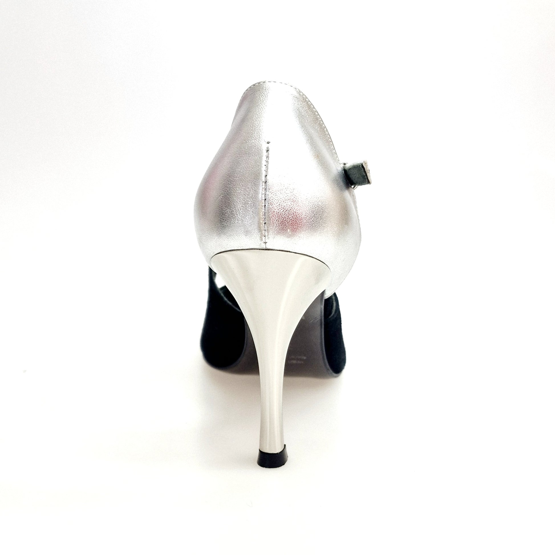 Scarpe DANY Black F.3407 Wish Dance, stiletto in camoscio nero con dettaglio tallone in pelle argento e tacco a rocchetto laminato.