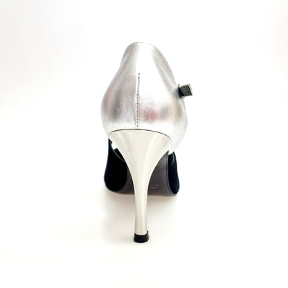 Scarpe DANY Black F.3407 Wish Dance, stiletto in camoscio nero con dettaglio tallone in pelle argento e tacco a rocchetto laminato.