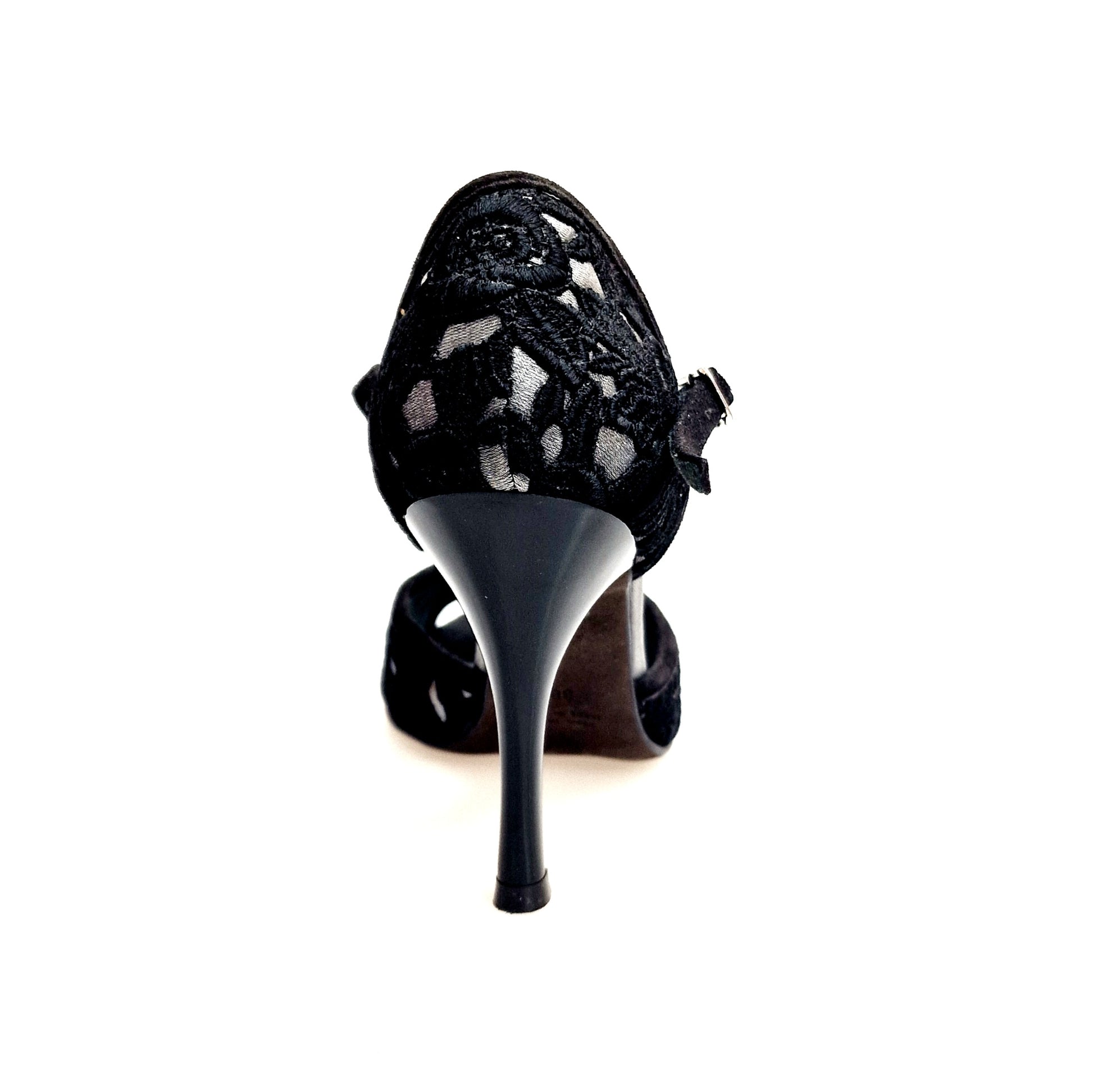 Sandalo donna Wish Dance Shop CATE/BO Black in camoscio nero con Pizzo Sally Nero e tacco a rocchettino smaltato nero