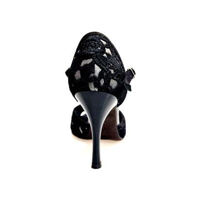 Sandalo donna Wish Dance Shop CATE/BO Black in camoscio nero con Pizzo Sally Nero e tacco a rocchettino smaltato nero