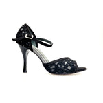 Load image into Gallery viewer, CATE/BO Black (R.L. by WISH DANCE) - Sandalo da donna in camoscio nero e Pizzo Sally Nero con Tacco a Rocchettino Smaltato nero
