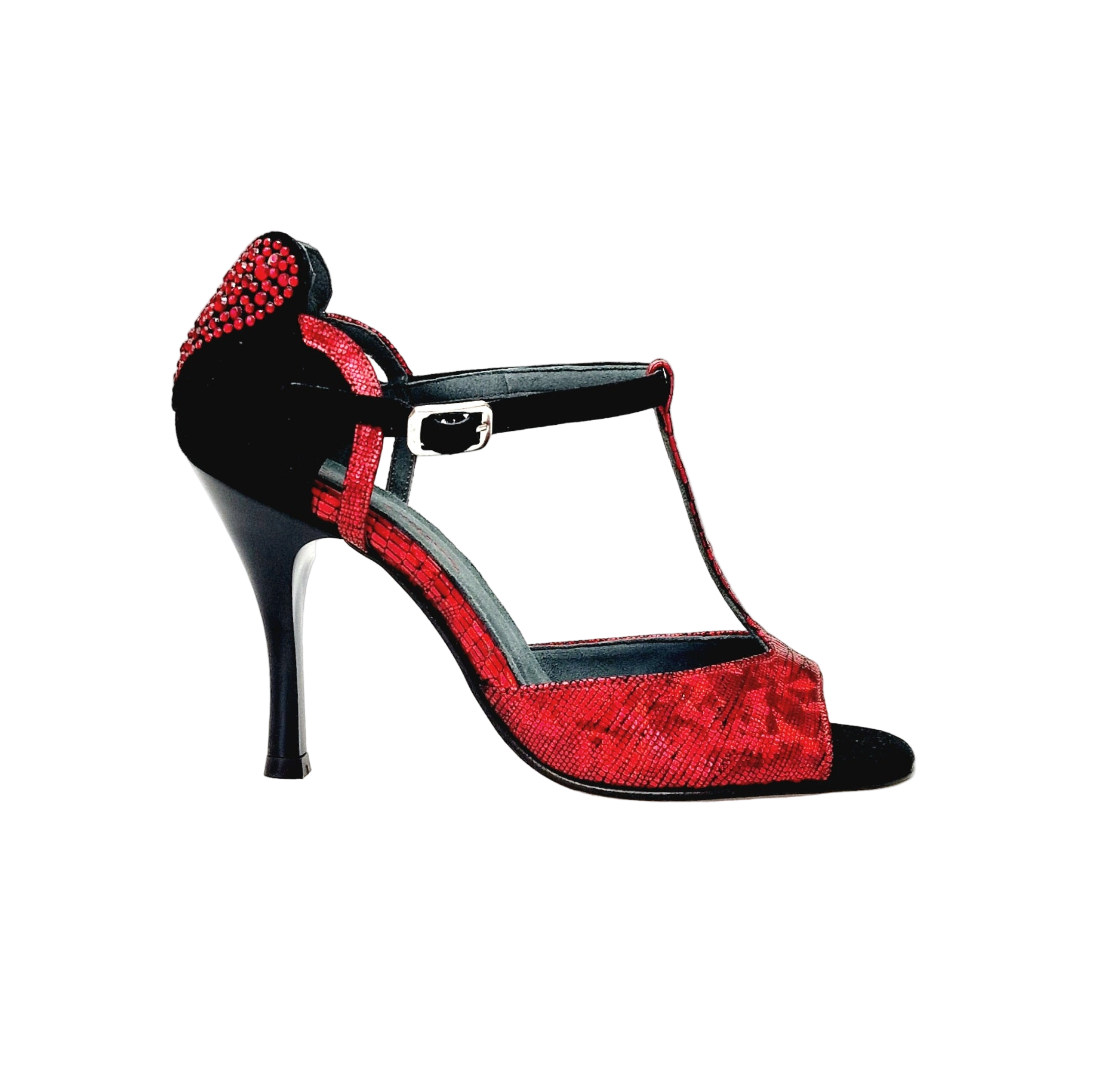 Sandalo donna Wish Dance BELL/C Plus Red Cuore SW in camoscio nero con cuore Swarovski rosso e tacco smaltato nero.
