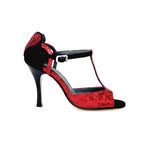 Load image into Gallery viewer, BELL/C Plus Red Cuore SW Red F.3407 (R.L. by WISH DANCE) - Sandalo da donna in camoscio nero e Cuore di Swarovski Rosso e Galleria Rosso con Tacco a Rocchettino Smaltato nero
