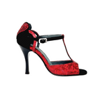 Load image into Gallery viewer, BELL/C Plus Red Cuore SW Red F.3407 (R.L. by WISH DANCE) - Sandalo da donna in camoscio nero e Cuore di Swarovski Rosso e Galleria Rosso con Tacco a Rocchettino Smaltato nero
