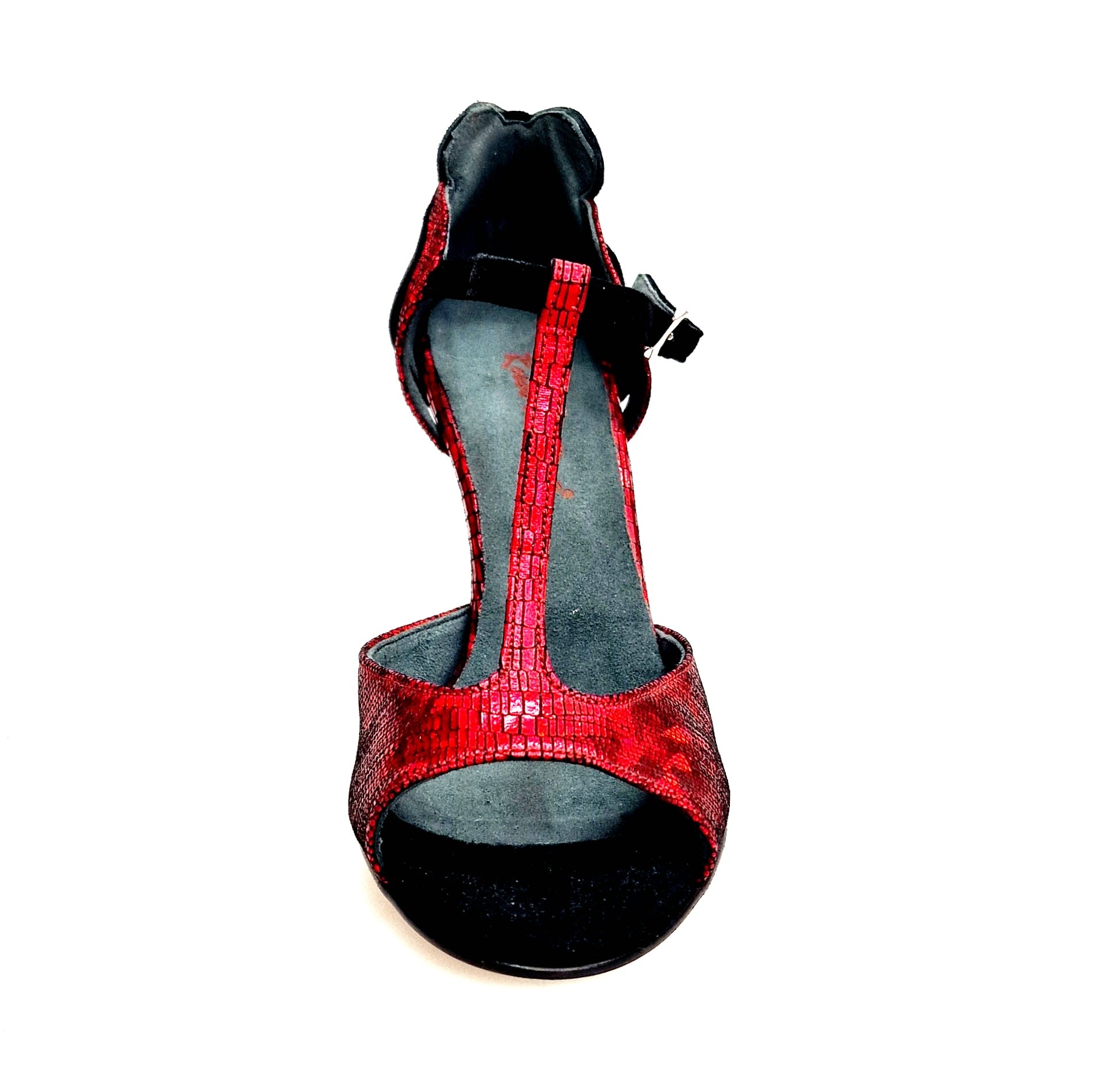 Sandalo da donna Wish Dance in camoscio nero con cuore Swarovski rosso e tacco a rocchetto smaltato nero, modello BELL/C Plus Red Cuore SW Red F.3407
