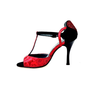 BELL/C Plus Red Cuore SW Red (R.L. by WISH DANCE) - Sandalo da donna in camoscio nero e Cuore di Swarovski Rosso e Galleria Rosso con Tacco a Rocchettino Smaltato nero