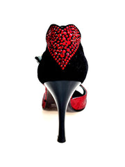 Carica immagine nella Galleria, BELL/C Plus Red Cuore SW Red F.3407 (R.L. by WISH DANCE) - Sandalo da donna in camoscio nero e Cuore di Swarovski Rosso e Galleria Rosso con Tacco a Rocchettino Smaltato nero
