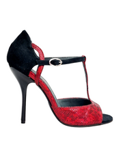 Load image into Gallery viewer, BELL Red/Black (R.L. by WISH DANCE) - Sandalo da donna in camoscio nero e Galleria Rosso con Tacco Alto a Spillo Sottile Smaltato nero
