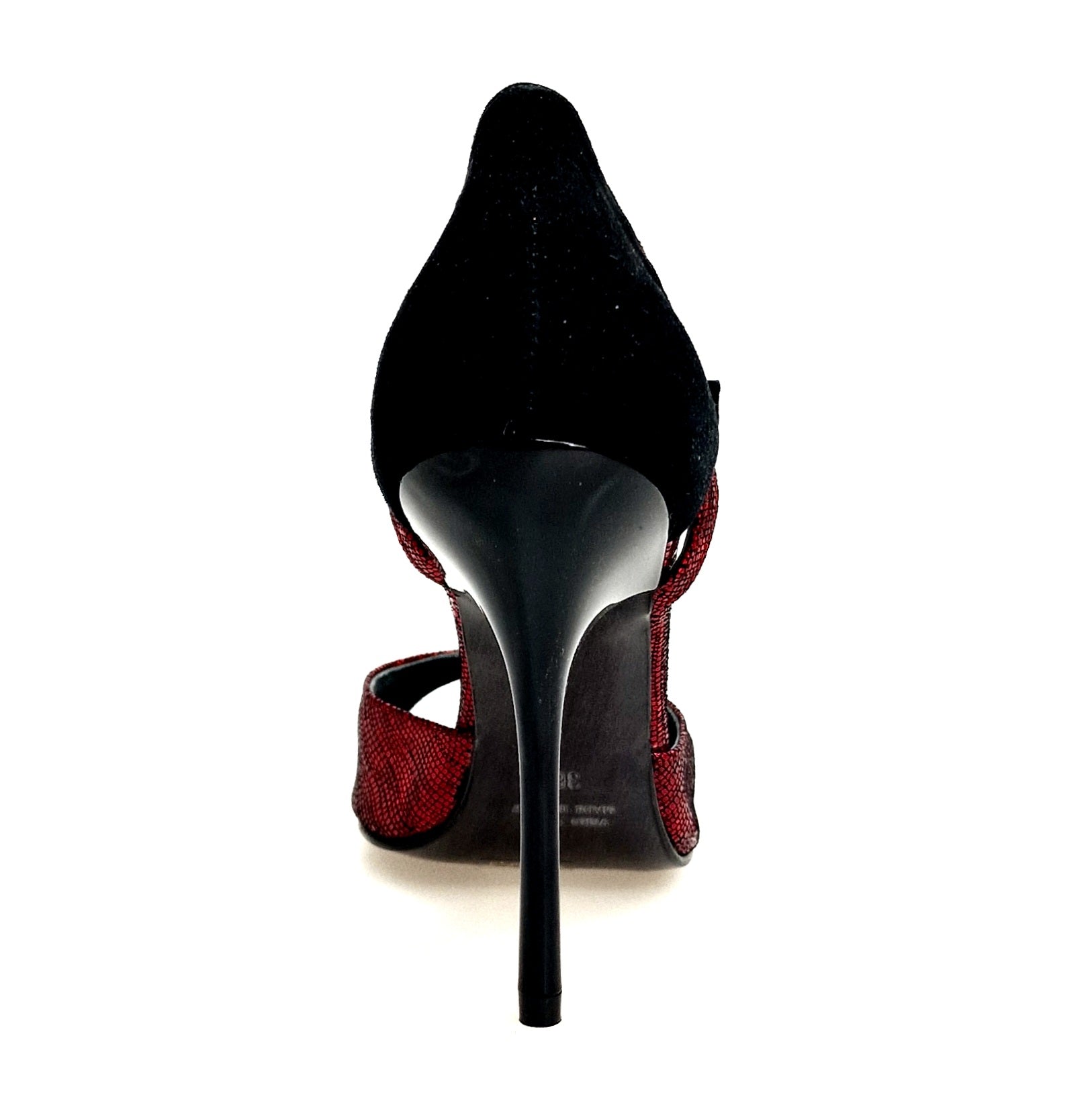 Sandalo donna Wish Dance R.L. in camoscio nero e rosso con tacco a spillo alto smaltato nero, dettagli eleganti e stile raffinato