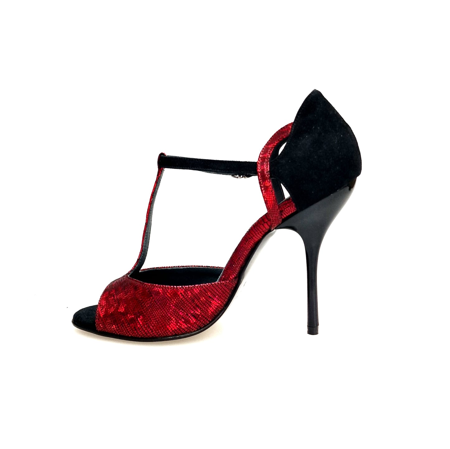 Sandalo da donna Wish Dance in camoscio nero e rosso, tacco a spillo alto smaltato nero, design elegante e sofisticato