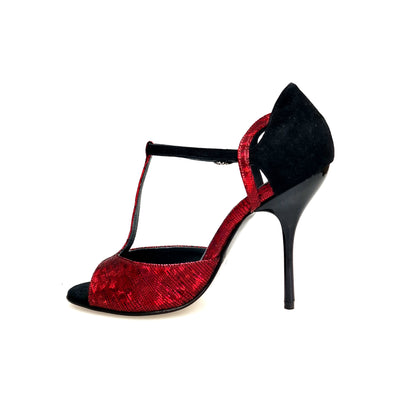Sandalo da donna Wish Dance in camoscio nero e rosso, tacco a spillo alto smaltato nero, design elegante e sofisticato