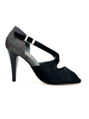 Carica immagine nella Galleria, DANY Black  F.3407 (R.L. by WISH DANCE ) - Avanti Camoscio Nero Tallone Tessuto Rachele Boreale multicolor Tacco a spillo largo Smaltato nero
