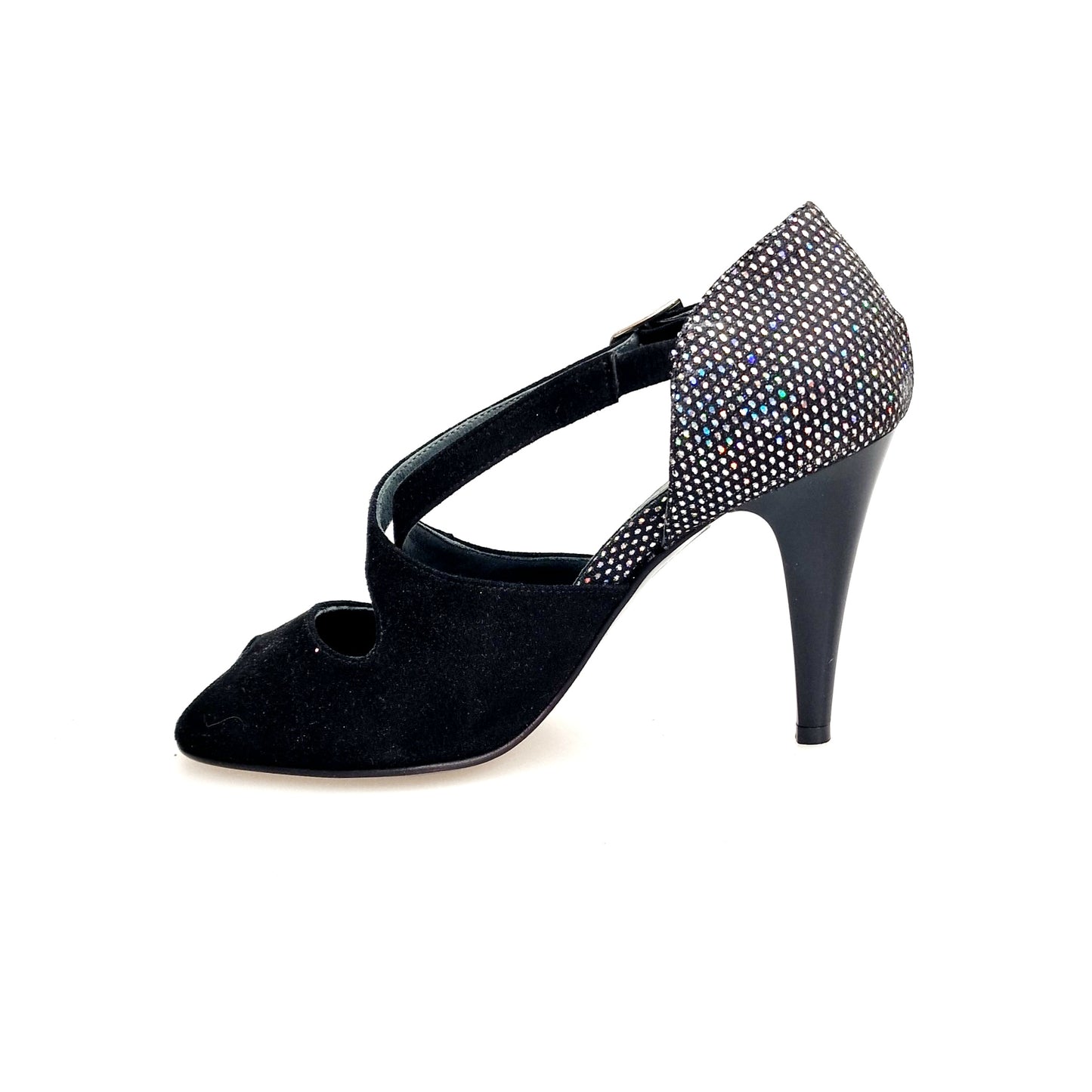 Scarpa donna Wish Dance DANY Black F.3407 con tacco a spillo, camoscio nero, tallone tessuto e dettagli multicolor, stile elegante.