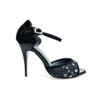 Load image into Gallery viewer, BRUNA/BO SW F.626 (R.L. by WISH DANCE) - Sandalo da donna Tallone in camoscio nero con applicazione Swarovski Boreali e Vernice nera Tomaia Pizzo Sally Nero con Tacco a Spillo Smaltato nero
