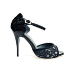 Load image into Gallery viewer, BRUNA/BO SW F.626 (R.L. by WISH DANCE) - Sandalo da donna Tallone in camoscio nero con applicazione Swarovski Boreali e Vernice nera Tomaia Pizzo Sally Nero con Tacco a Spillo Smaltato nero
