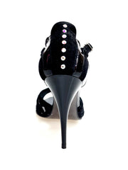 Carica immagine nella Galleria, BRUNA/BO SW F.626 (R.L. by WISH DANCE) - Sandalo da donna Tallone in camoscio nero con applicazione Swarovski Boreali e Vernice nera Tomaia Pizzo Sally Nero con Tacco a Spillo Smaltato nero
